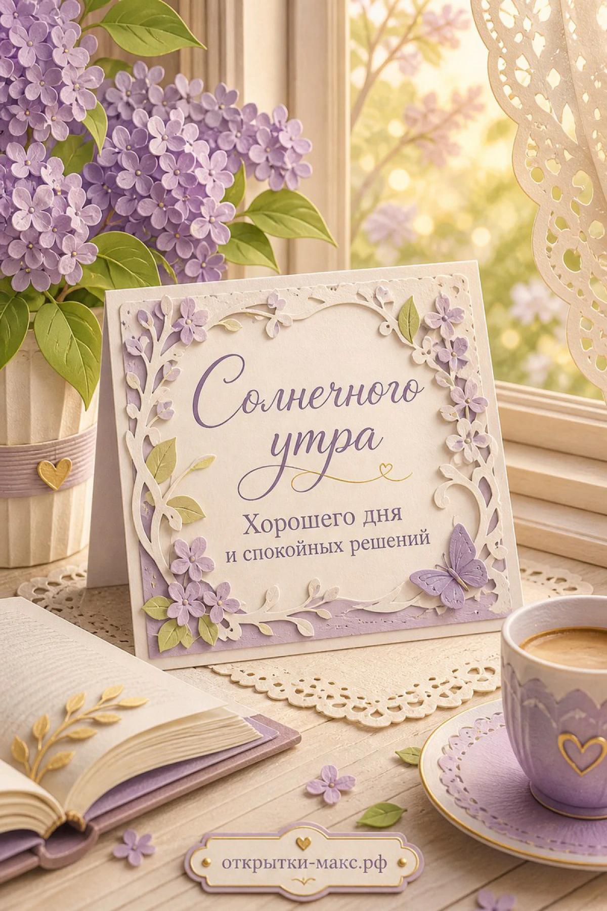 Ажурная открытка «Солнечного утра» среди веток сирени и чашки кофе на солнечном подоконнике