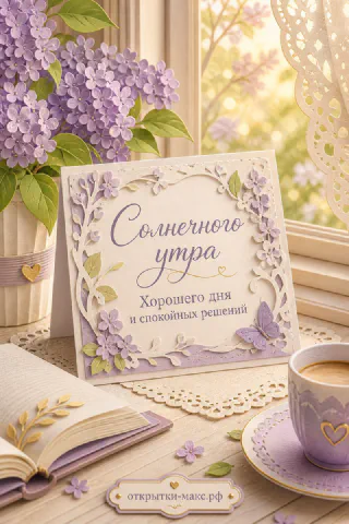 Ажурная открытка «Солнечного утра» среди веток сирени и чашки кофе на солнечном подоконнике