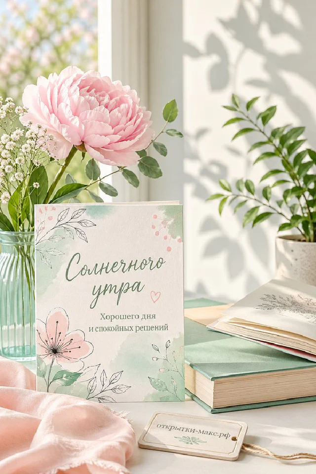 Ажурная открытка «Солнечного утра» среди веток сирени и чашки кофе на солнечном подоконнике — вариант 3