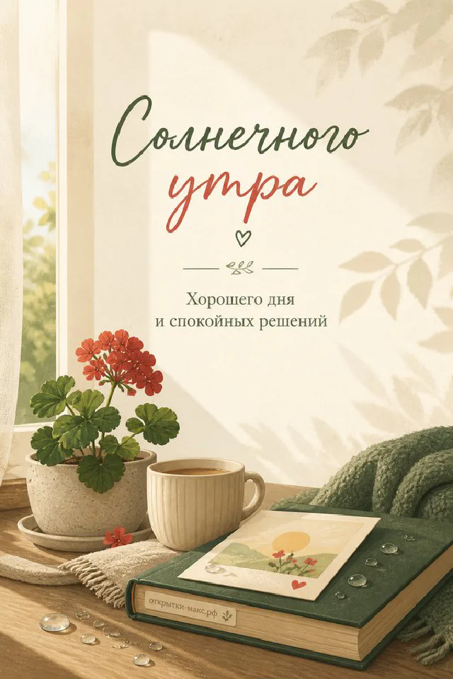 Ажурная открытка «Солнечного утра» среди веток сирени и чашки кофе на солнечном подоконнике — вариант 4