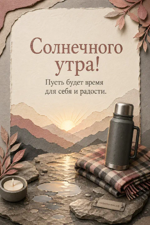 Металлический термос и клетчатый плед на каменистом берегу реки с рассветом над горами, открытка «Солнечного утра»