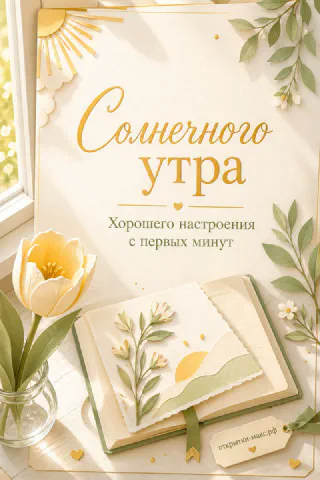 Жёлтый тюльпан в стеклянной банке рядом с раскрытой книгой и надписью «Солнечного утра»