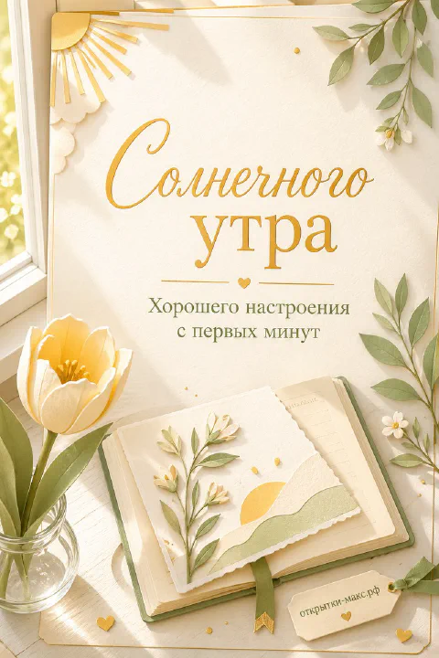 Жёлтый тюльпан в стеклянной банке рядом с раскрытой книгой и надписью «Солнечного утра»