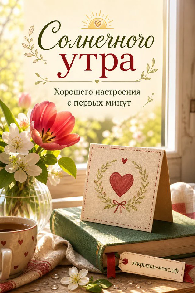 Жёлтый тюльпан в стеклянной банке рядом с раскрытой книгой и надписью «Солнечного утра» — вариант 5