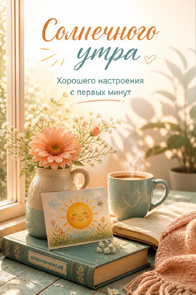 Жёлтый тюльпан в стеклянной банке рядом с раскрытой книгой и надписью «Солнечного утра» — вариант 2