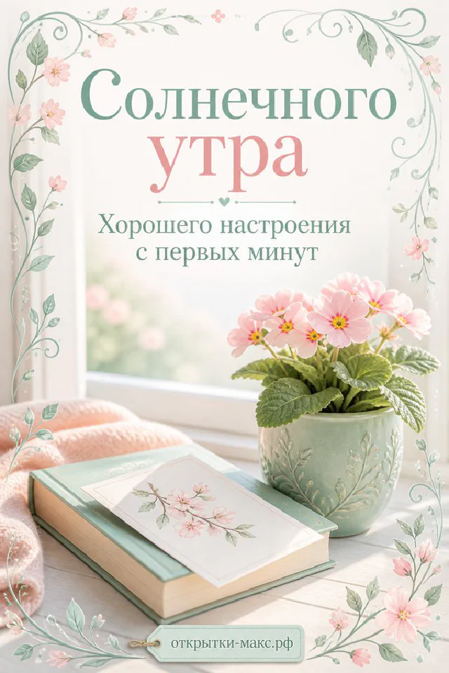 Жёлтый тюльпан в стеклянной банке рядом с раскрытой книгой и надписью «Солнечного утра» — вариант 3