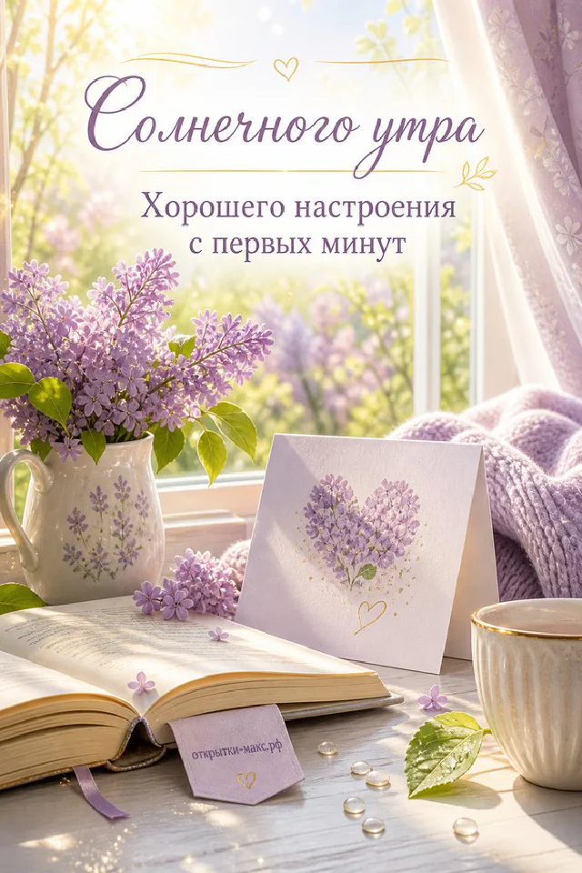 Жёлтый тюльпан в стеклянной банке рядом с раскрытой книгой и надписью «Солнечного утра» — вариант 4