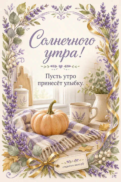 Маленькая декоративная тыква на клетчатом сиреневом шарфе в окружении веточек лаванды, чашки чая и листьев в осенней пастельной гамме