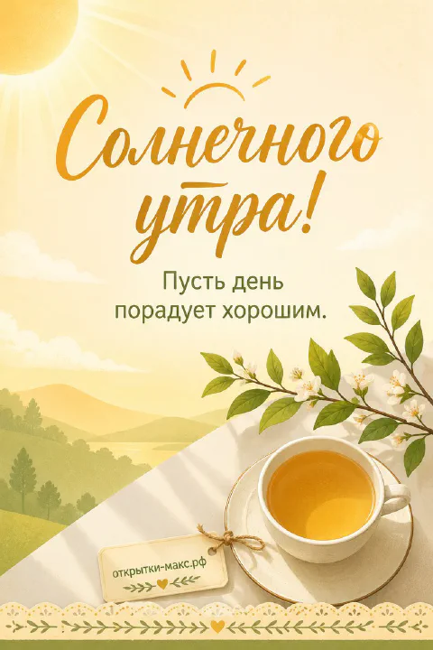 Большое жёлтое солнце над зелёными холмами, чашка чая на ажурной салфетке и цветущая веточка с надписью «Солнечного утра»