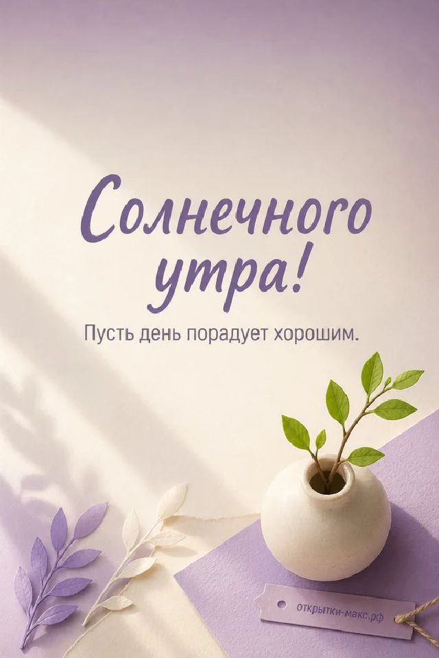 Большое жёлтое солнце над зелёными холмами, чашка чая на ажурной салфетке и цветущая веточка с надписью «Солнечного утра» — вариант 2