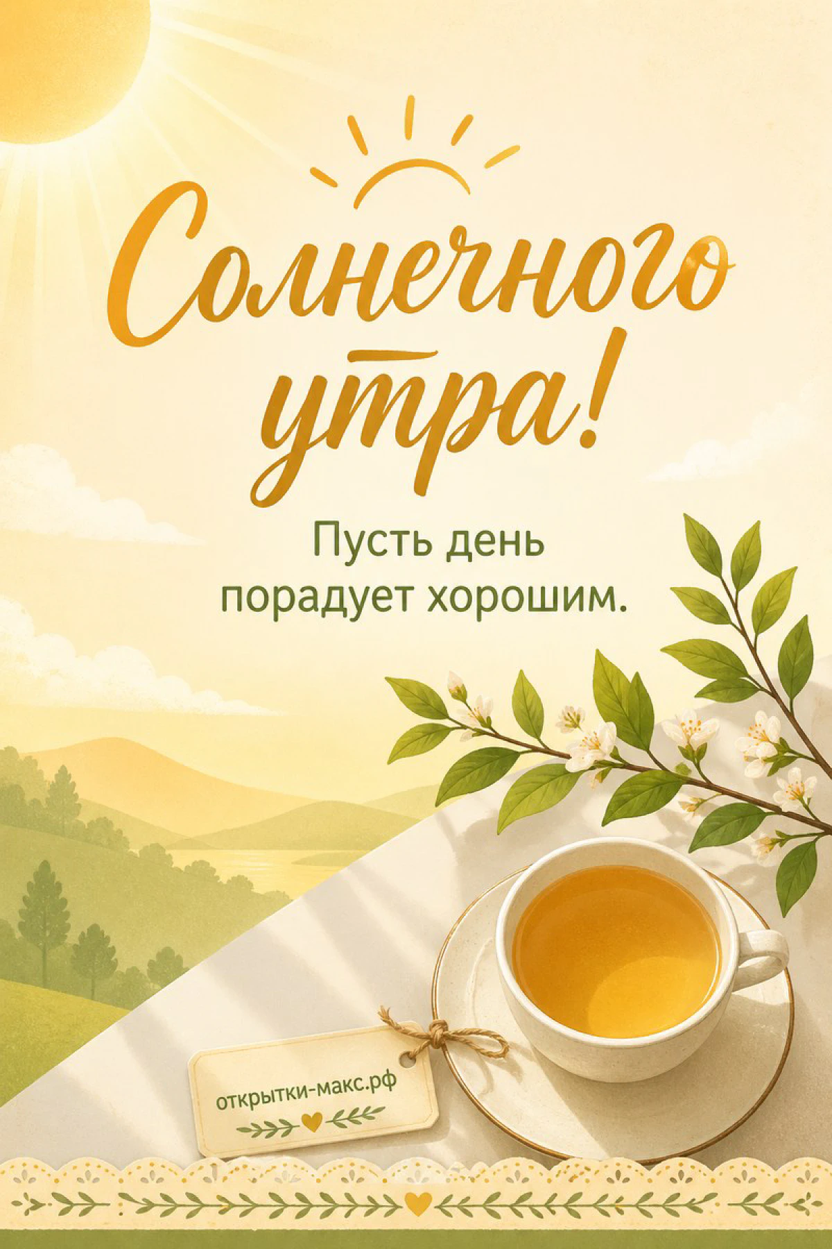 Большое жёлтое солнце над зелёными холмами, чашка чая на ажурной салфетке и цветущая веточка с надписью «Солнечного утра»