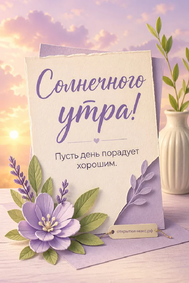 Большое жёлтое солнце над зелёными холмами, чашка чая на ажурной салфетке и цветущая веточка с надписью «Солнечного утра» — вариант 4
