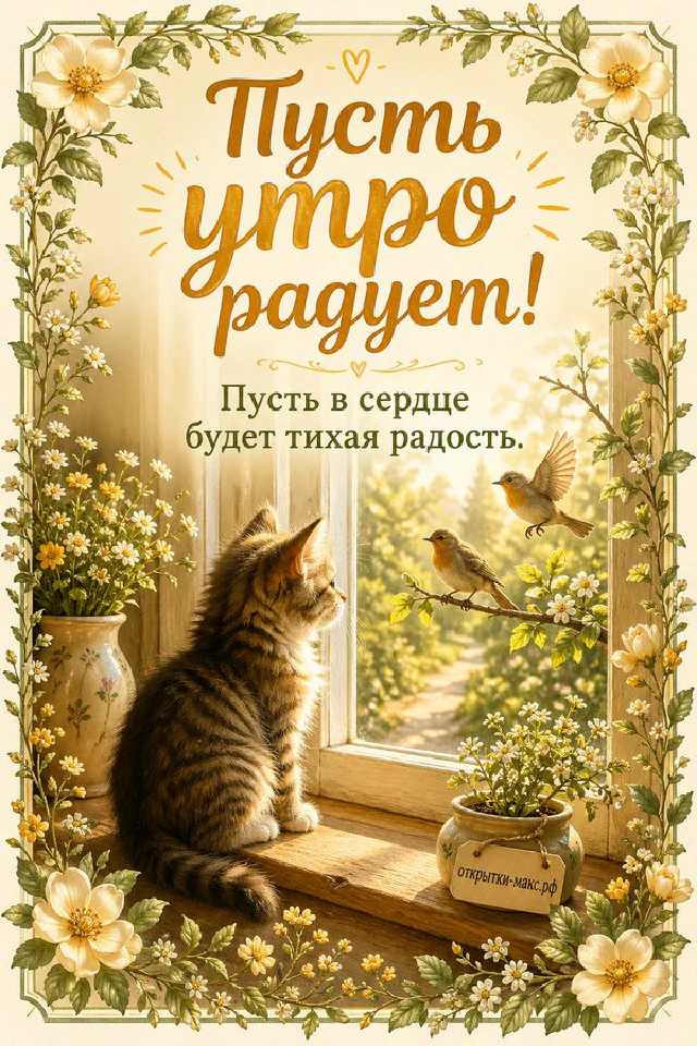 Окно с солнцем, белые цветы яблони и каллиграфическая надпись «Пусть утро радует» на бело-голубом фоне — вариант 3
