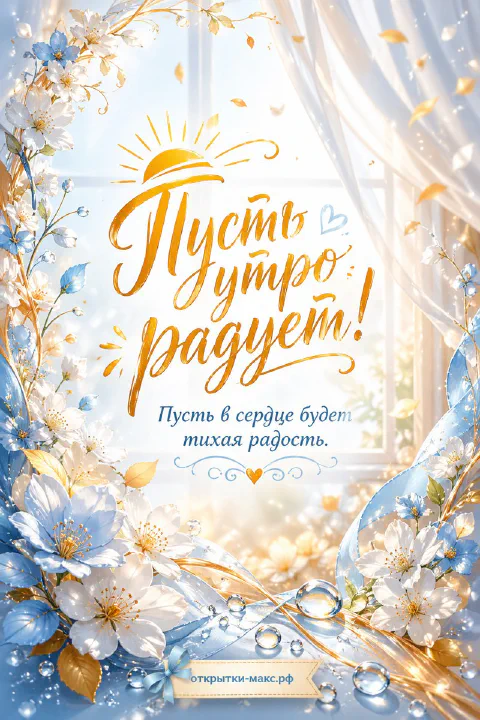 Окно с солнцем, белые цветы яблони и каллиграфическая надпись «Пусть утро радует» на бело-голубом фоне
