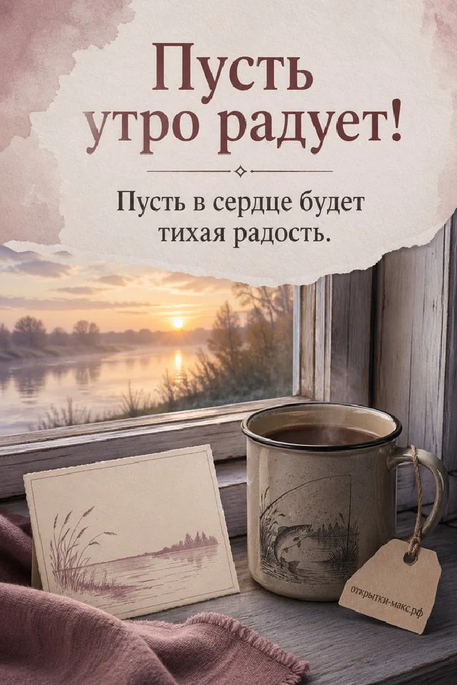 Окно с солнцем, белые цветы яблони и каллиграфическая надпись «Пусть утро радует» на бело-голубом фоне — вариант 4