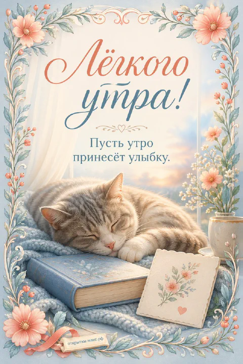 Серо-полосатый кот спит, свернувшись клубком, на синей книге, рядом небольшая открытка-конверт, по краю венок из цветов