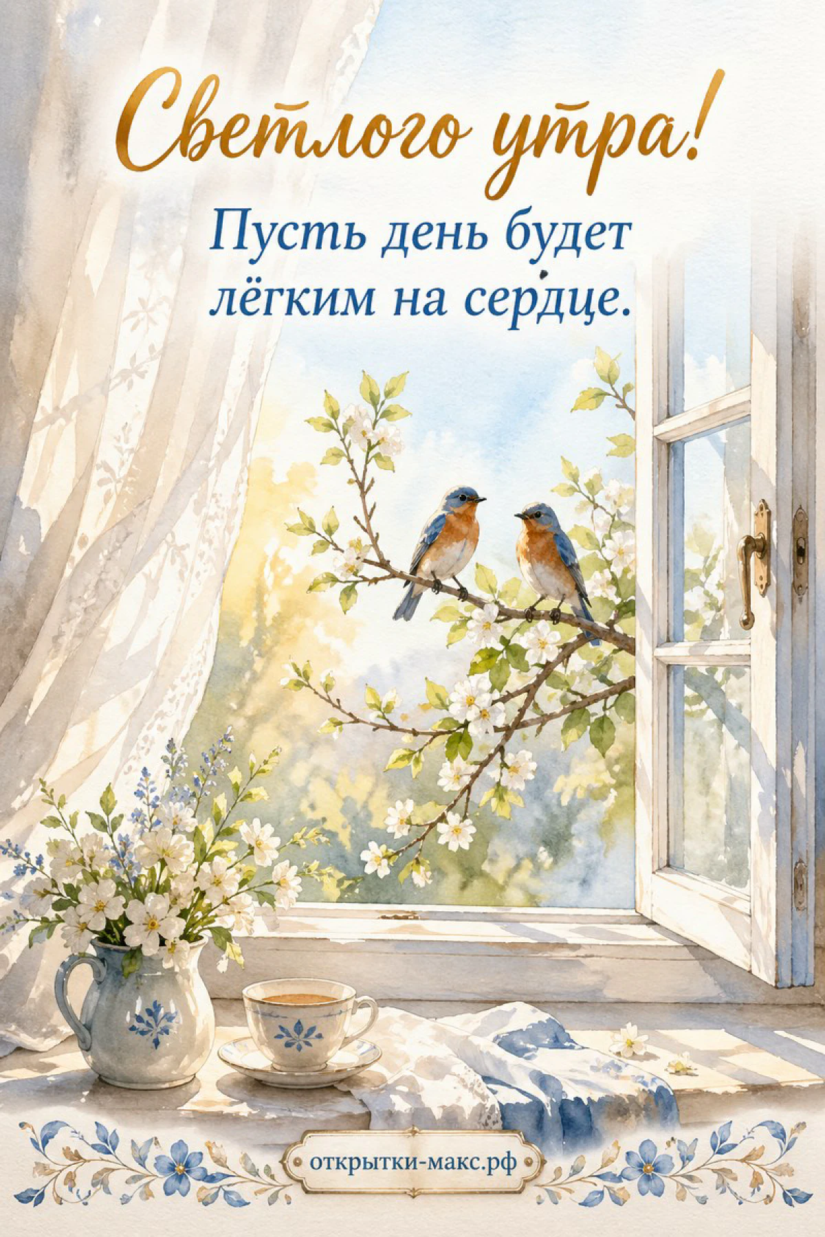 Акварель: два синих дрозда на цветущей ветке у открытого окна, чашка кофе на подоконнике