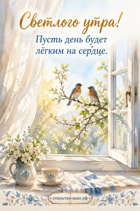 Акварель: два синих дрозда на цветущей ветке у открытого окна, чашка кофе на подоконнике