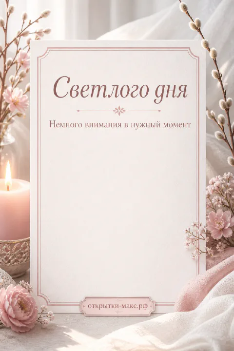 Горящая свеча в подсвечнике рядом с нежными розовыми цветами и белой скатертью, надпись «Светлого дня»