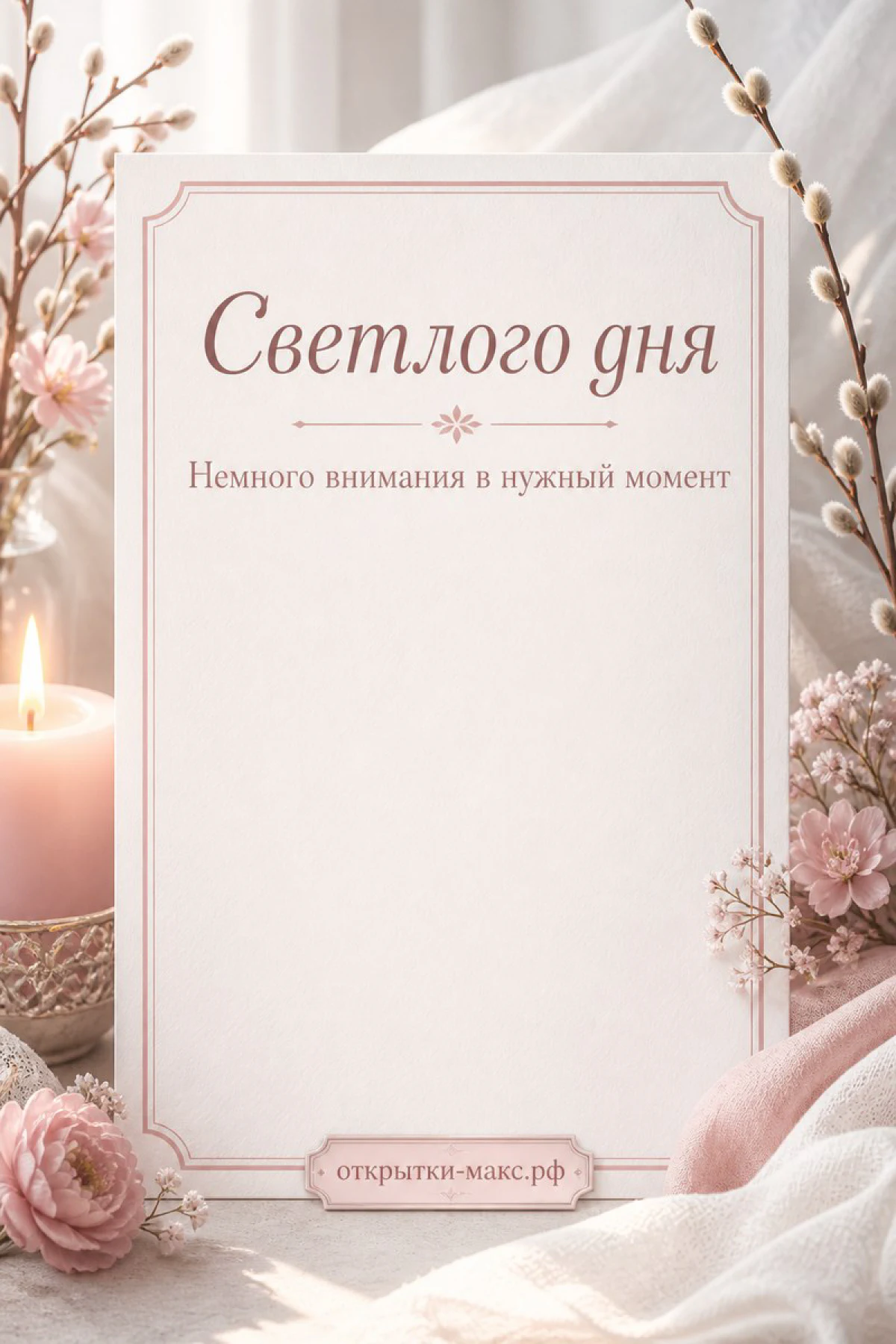 Горящая свеча в подсвечнике рядом с нежными розовыми цветами и белой скатертью, надпись «Светлого дня»