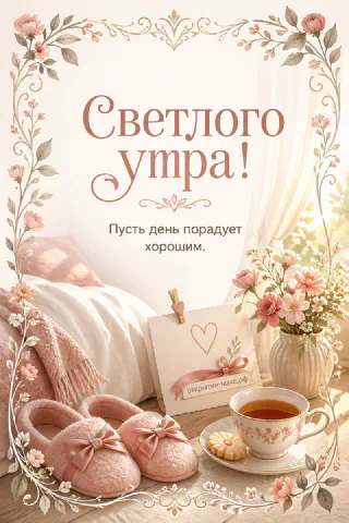 Акварельная открытка «Светлого утра» с чашкой чая, букетом цветов в вазе и розовыми тапочками