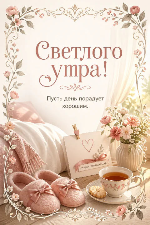 Акварельная открытка «Светлого утра» с чашкой чая, букетом цветов в вазе и розовыми тапочками