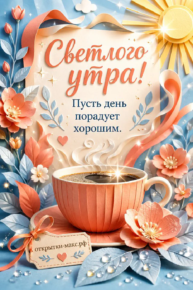 Акварельная открытка «Светлого утра» с чашкой чая, букетом цветов в вазе и розовыми тапочками — вариант 2