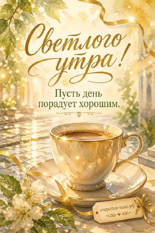 Акварельная открытка «Светлого утра» с чашкой чая, букетом цветов в вазе и розовыми тапочками — вариант 4