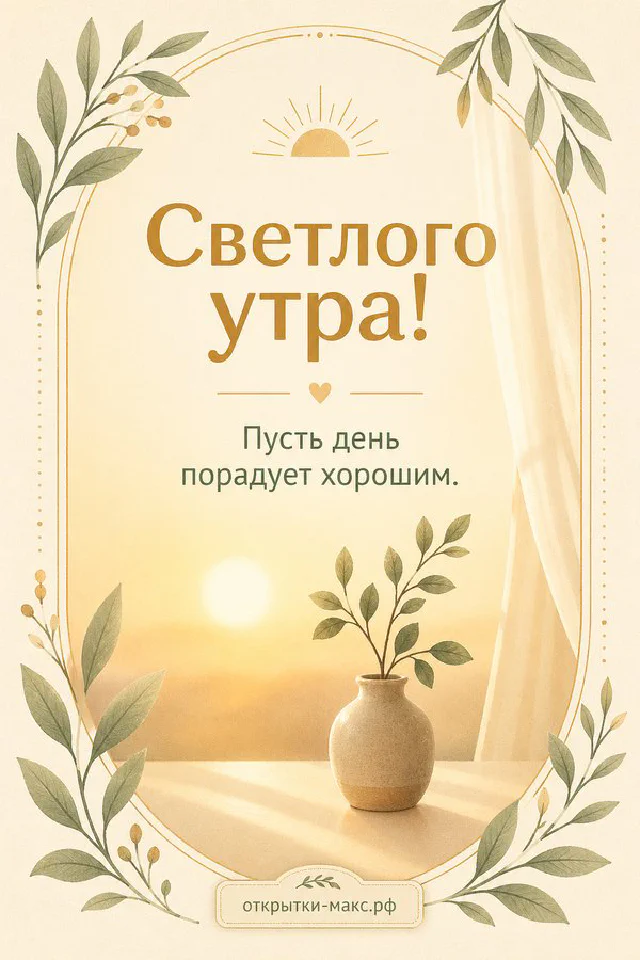 Акварельная открытка «Светлого утра» с чашкой чая, букетом цветов в вазе и розовыми тапочками — вариант 5