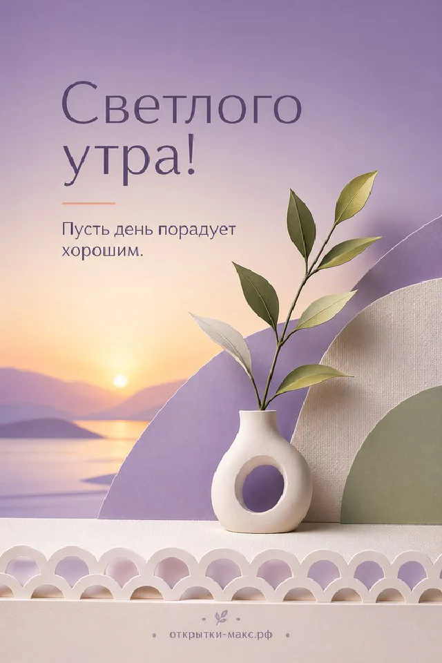 Акварельная открытка «Светлого утра» с чашкой чая, букетом цветов в вазе и розовыми тапочками — вариант 6