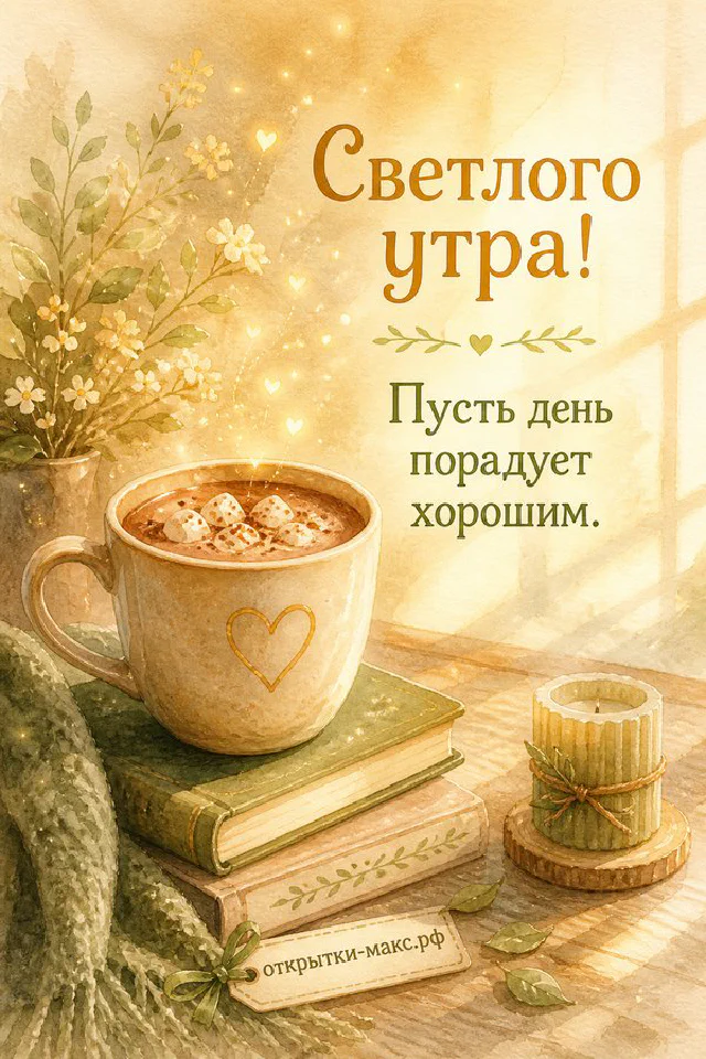 Акварельная открытка «Светлого утра» с чашкой чая, букетом цветов в вазе и розовыми тапочками — вариант 8