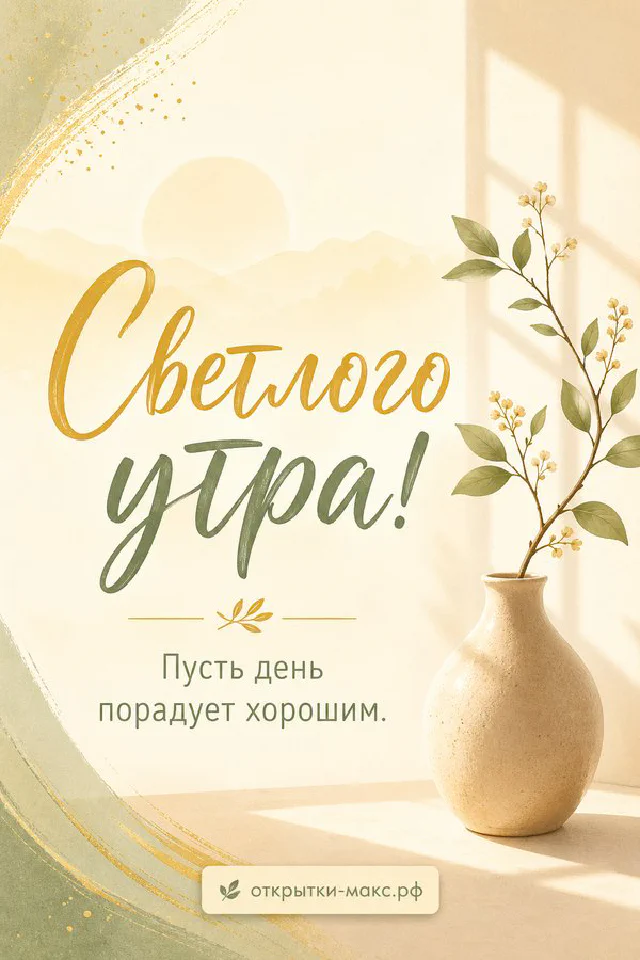 Акварельная открытка «Светлого утра» с чашкой чая, букетом цветов в вазе и розовыми тапочками — вариант 3