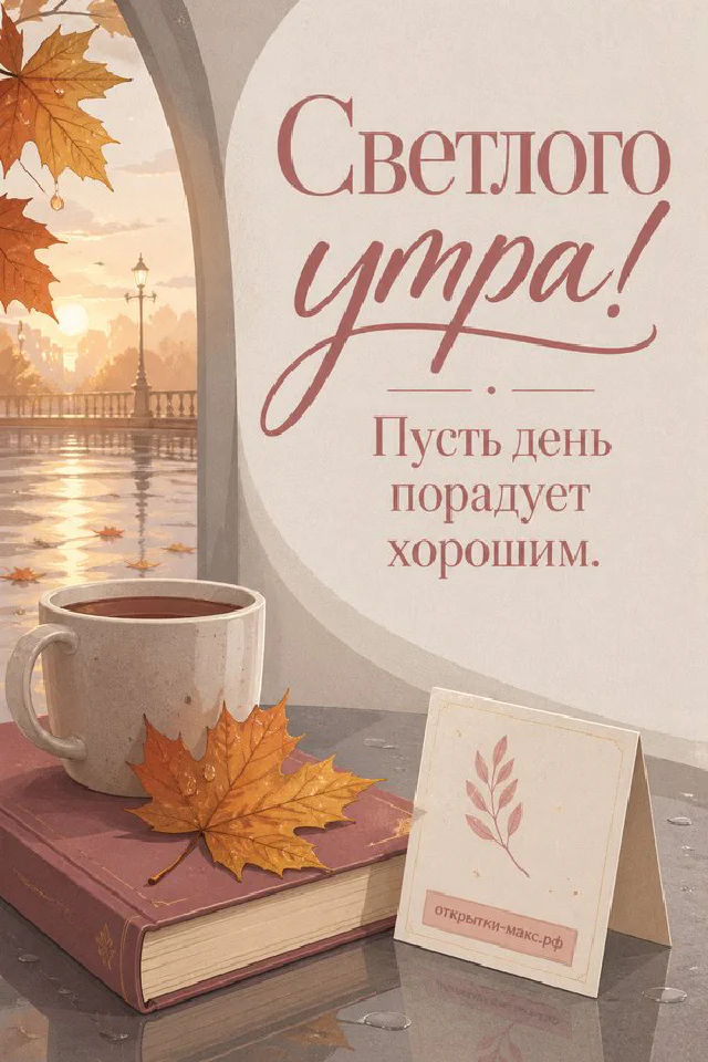 Акварельная открытка «Светлого утра» с чашкой чая, букетом цветов в вазе и розовыми тапочками — вариант 7