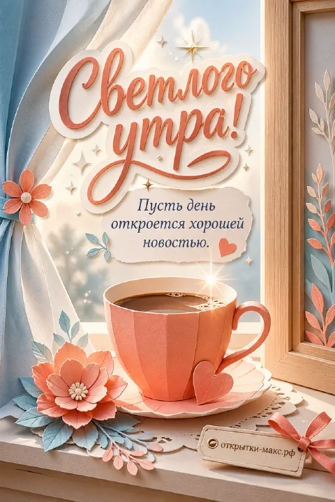 Розовая керамическая чашка горячего кофе на подоконнике рядом с бумажными цветами, лёгкой шторкой и письмом с надписью