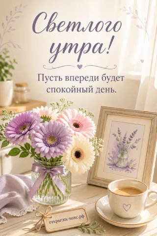 Букет сиреневых и кремовых гербер в стеклянной банке, чашка кофе на блюдце и рамка с акварельной лавандой на светлом столе