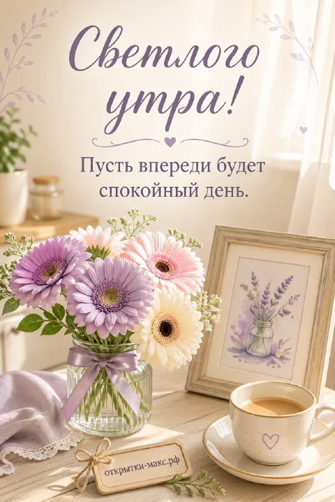 Букет сиреневых и кремовых гербер в стеклянной банке, чашка кофе на блюдце и рамка с акварельной лавандой на светлом столе