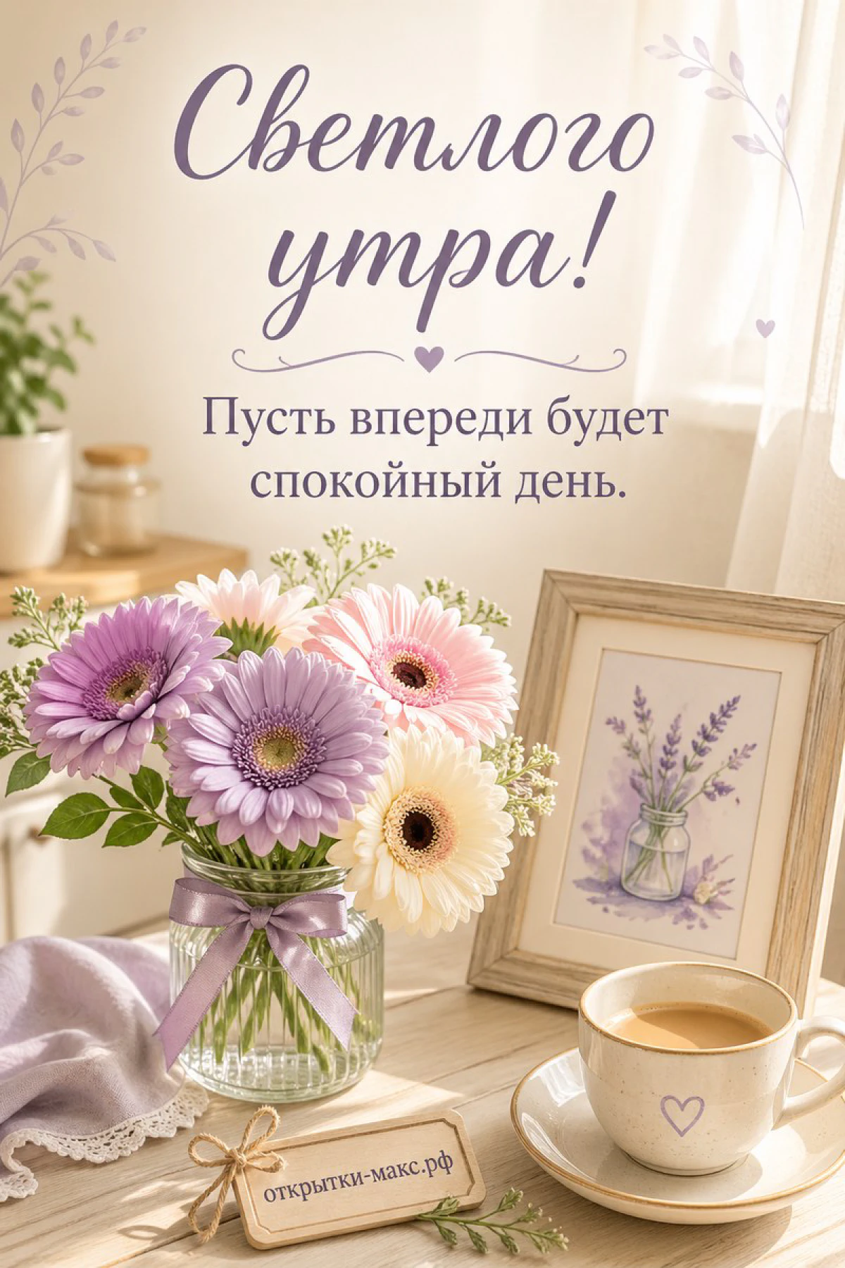 Букет сиреневых и кремовых гербер в стеклянной банке, чашка кофе на блюдце и рамка с акварельной лавандой на светлом столе