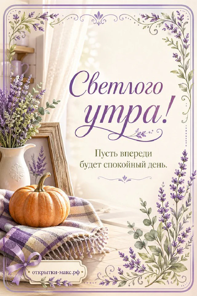 Букет сиреневых и кремовых гербер в стеклянной банке, чашка кофе на блюдце и рамка с акварельной лавандой на светлом столе — вариант 5