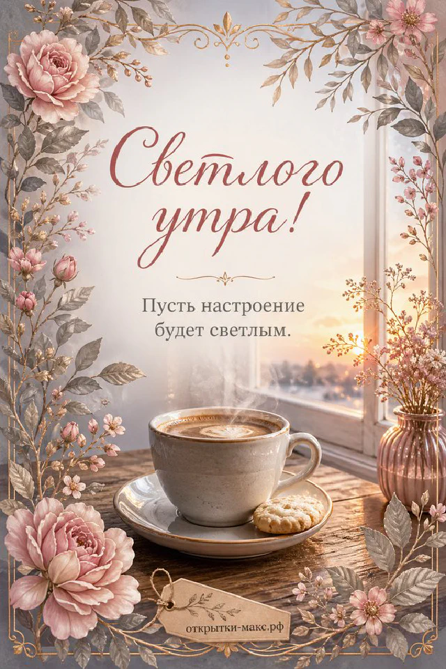 Чашка капучино с сердцем на блюдце у окна, букет розовых роз и розовый вязаный свитер — вариант 3