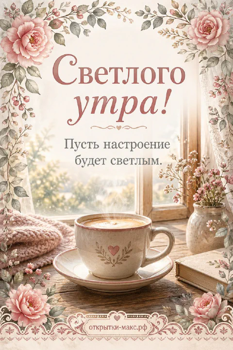 Чашка капучино с сердцем на блюдце у окна, букет розовых роз и розовый вязаный свитер