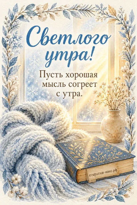 Открытка с раскрытой книгой, тёплым пледом и вазой с цветами, надпись «Светлого утра»