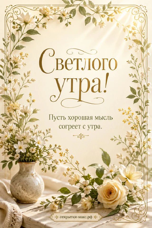 Открытка с раскрытой книгой, тёплым пледом и вазой с цветами, надпись «Светлого утра» — вариант 4