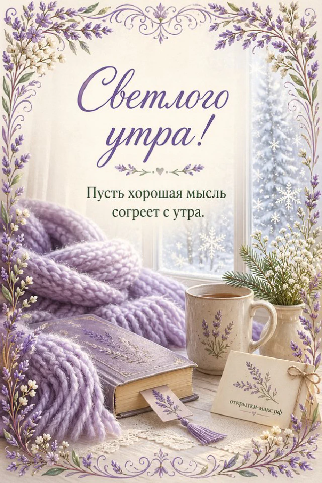 Открытка с раскрытой книгой, тёплым пледом и вазой с цветами, надпись «Светлого утра» — вариант 7