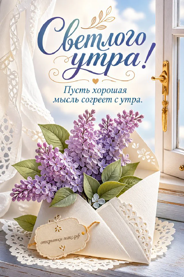 Открытка с раскрытой книгой, тёплым пледом и вазой с цветами, надпись «Светлого утра» — вариант 2