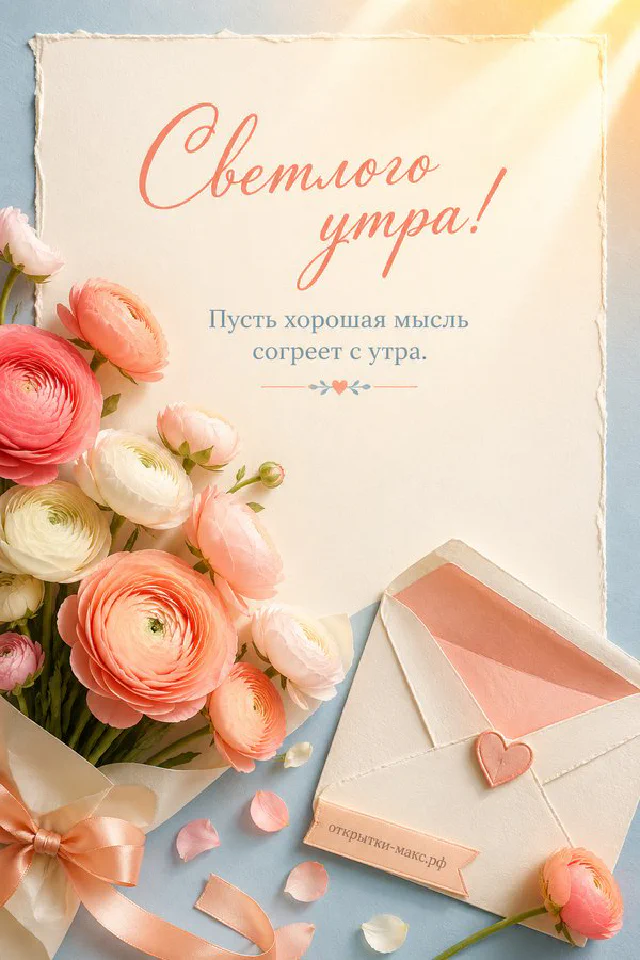 Открытка с раскрытой книгой, тёплым пледом и вазой с цветами, надпись «Светлого утра» — вариант 3