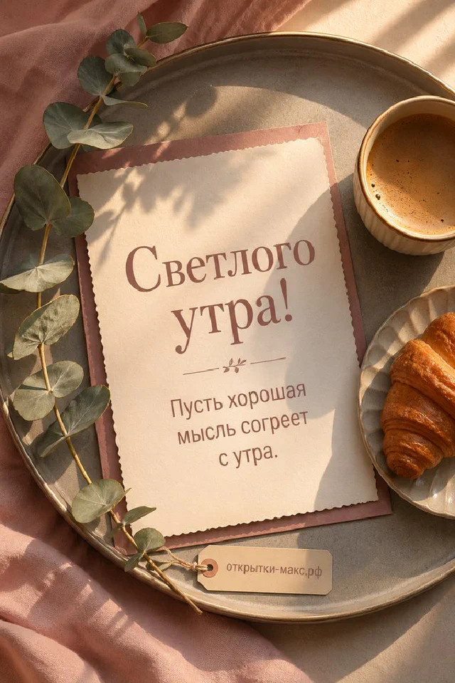 Открытка с раскрытой книгой, тёплым пледом и вазой с цветами, надпись «Светлого утра» — вариант 5