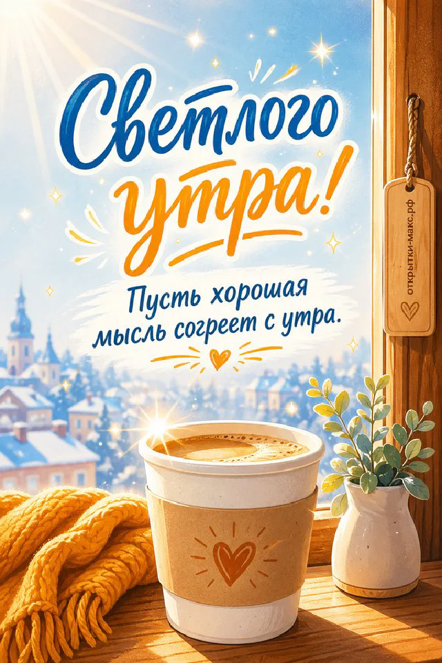 Открытка с раскрытой книгой, тёплым пледом и вазой с цветами, надпись «Светлого утра» — вариант 6