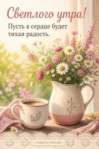 Большая кружка кофе и маленький букет в вазочке, надпись «Светлого утра», акварель