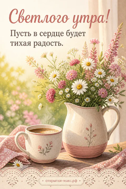 Большая кружка кофе и маленький букет в вазочке, надпись «Светлого утра», акварель