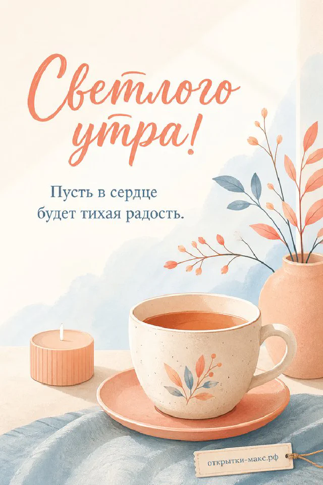 Большая кружка кофе и маленький букет в вазочке, надпись «Светлого утра», акварель — вариант 2